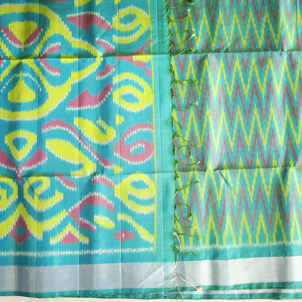 Pochampally Silk Saree with Temple Border & Checks - Blue Cyan