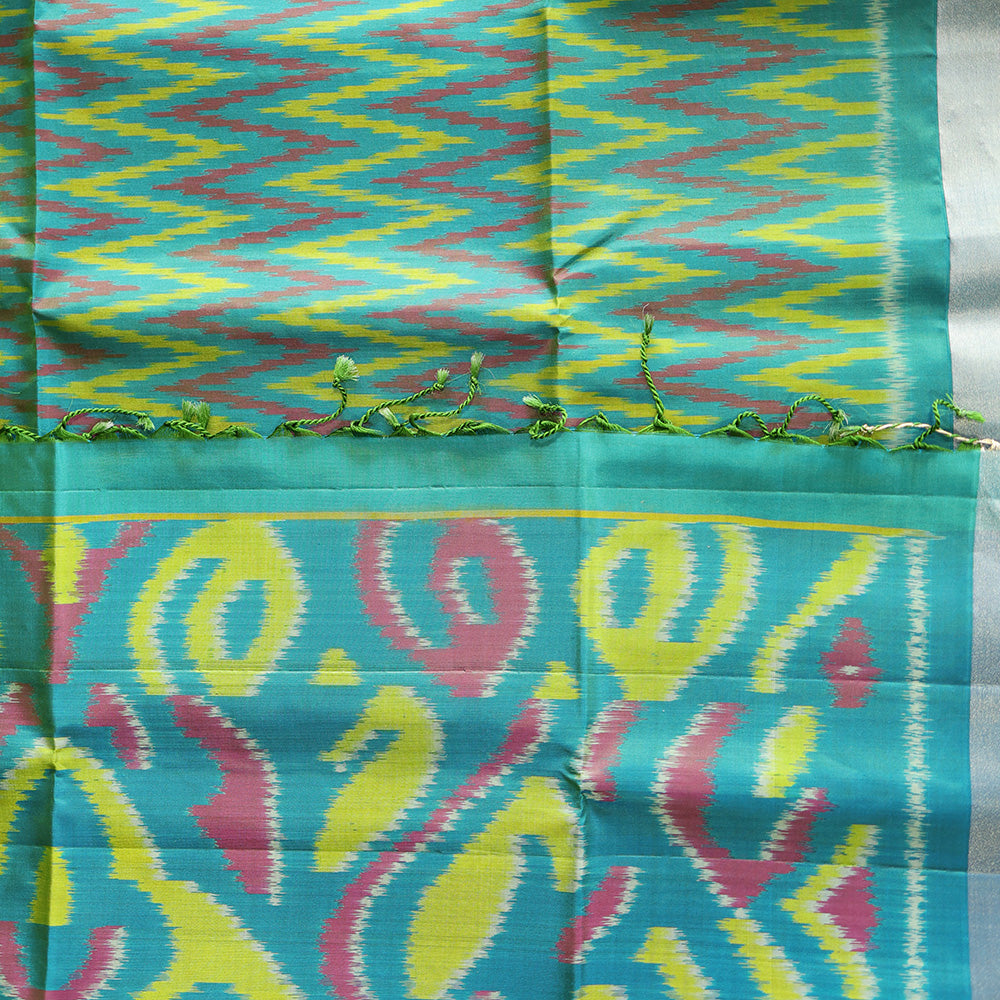 Pochampally Silk Saree with Temple Border & Checks - Blue Cyan