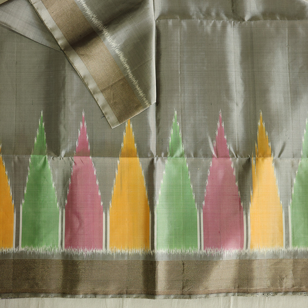 Pochampally Silk Saree with Temple Border & Checks - Gold