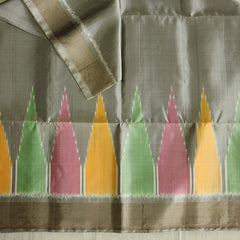 Pochampally Silk Saree with Temple Border & Checks - Gold