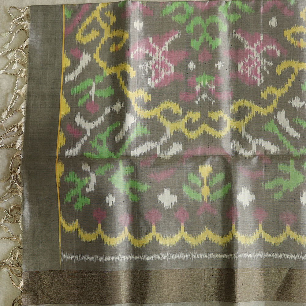 Pochampally Silk Saree with Temple Border & Checks - Gold