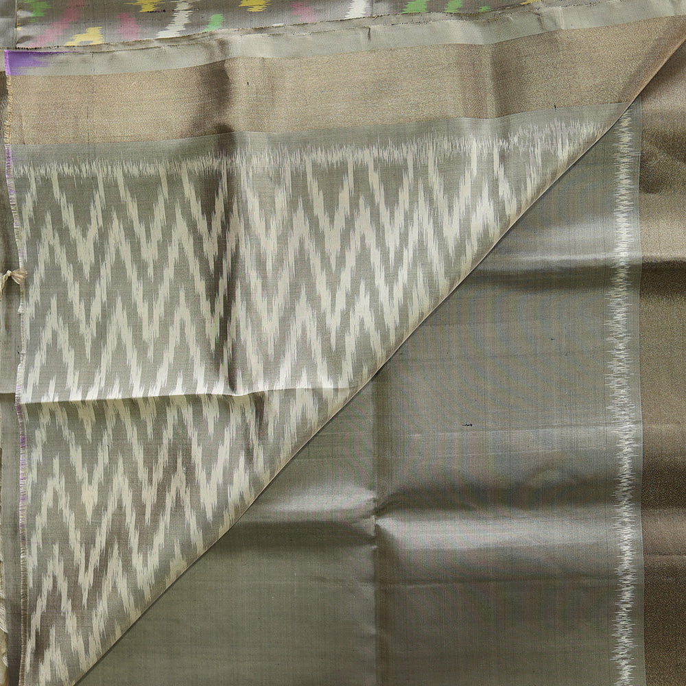 Pochampally Silk Saree with Temple Border & Checks - Gold