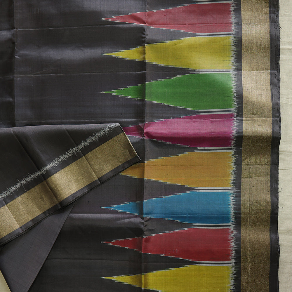 Pochampally Silk Saree with Temple Border & Checks - Black Gold
