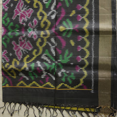 Pochampally Silk Saree with Temple Border & Checks - Black Gold