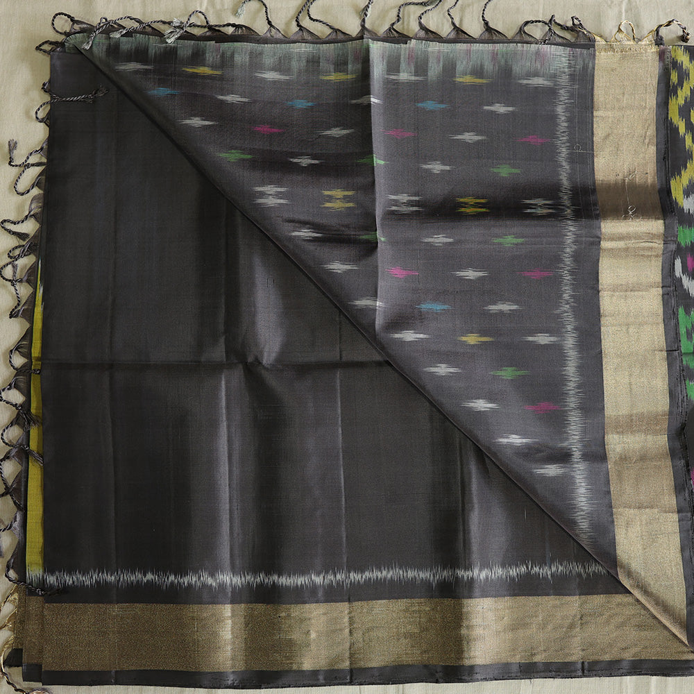 Pochampally Silk Saree with Temple Border & Checks - Black Gold