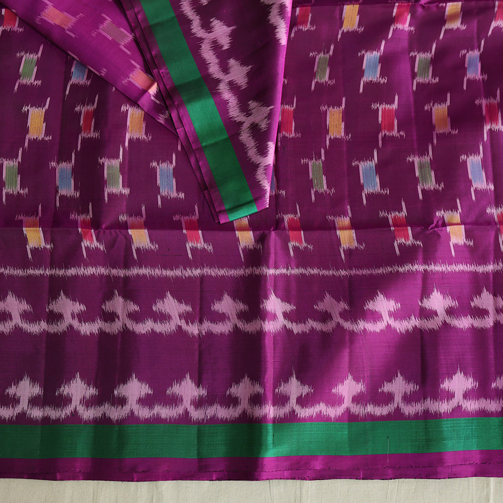 Pochampally Silk Saree with Temple Border & Checks - Pink dark