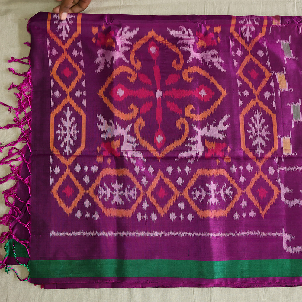 Pochampally Silk Saree with Temple Border & Checks - Pink dark