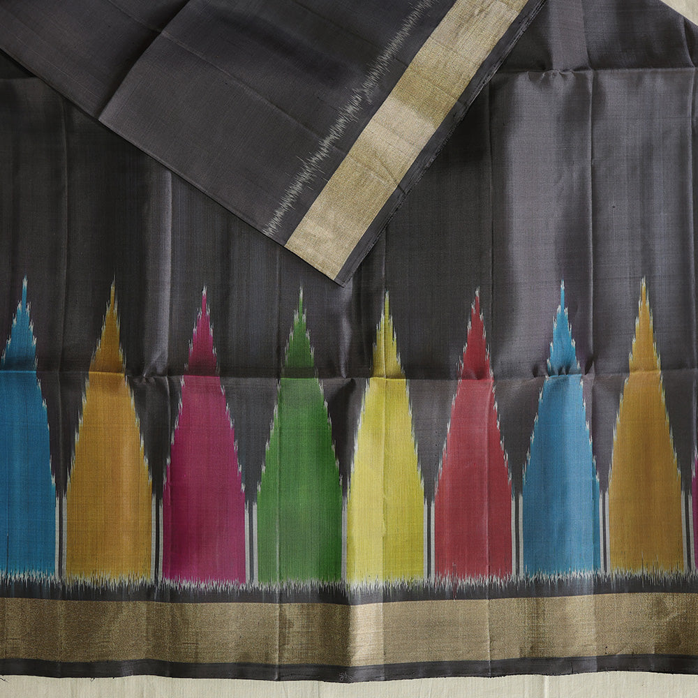 Pochampally Silk Saree with Temple Border & Checks - Black Gold