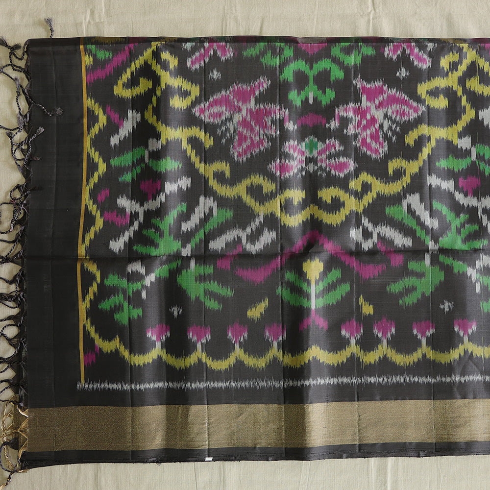 Pochampally Silk Saree with Temple Border & Checks - Black Gold