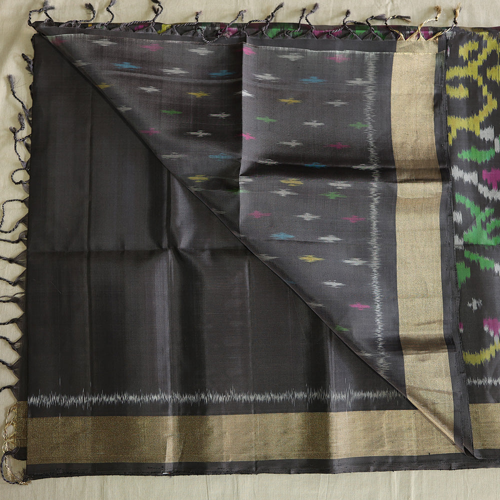 Pochampally Silk Saree with Temple Border & Checks - Black Gold
