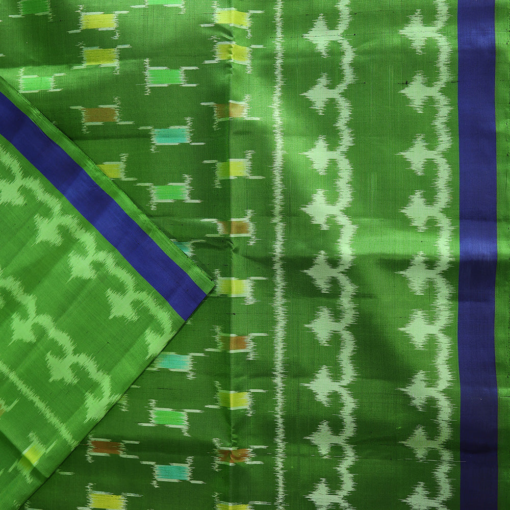 Pochampally Silk Saree with Temple Border & Checks - Green Blue