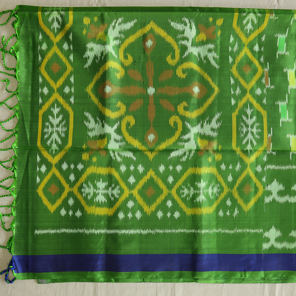 Pochampally Silk Saree with Temple Border & Checks - Green Blue