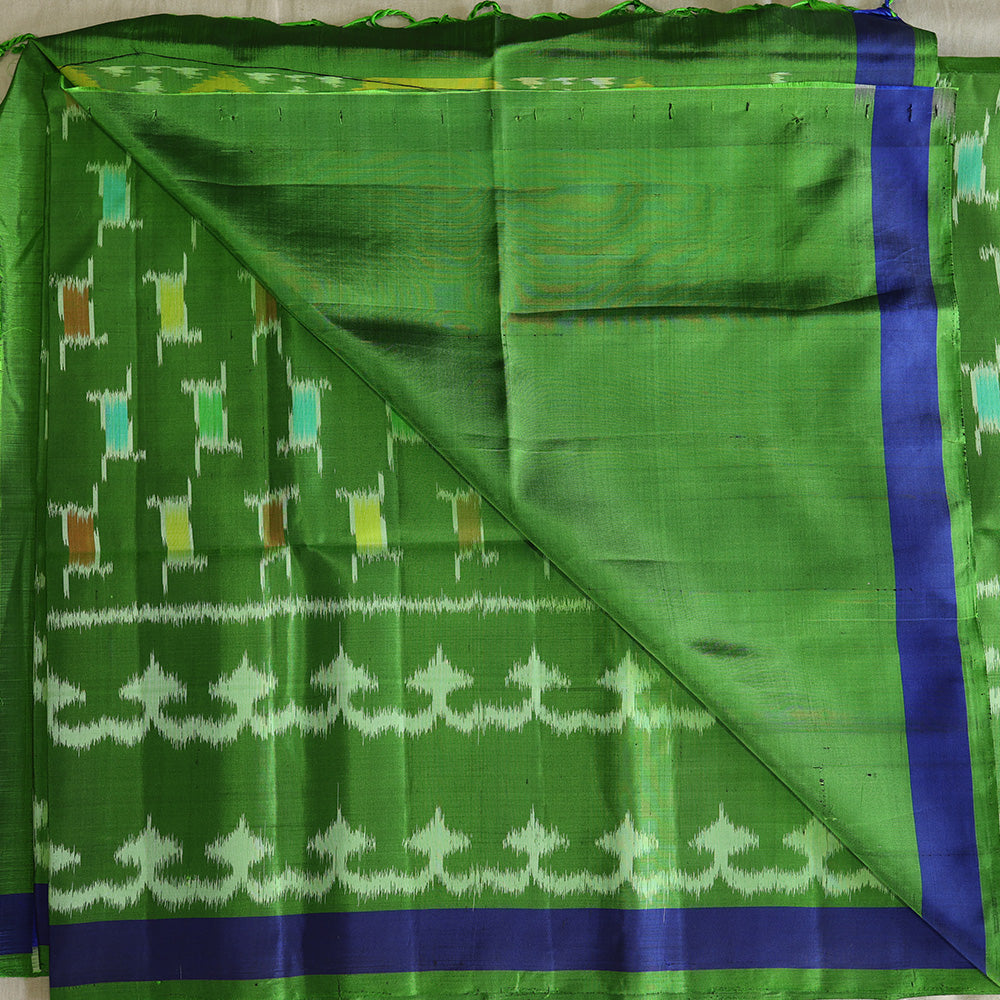 Pochampally Silk Saree with Temple Border & Checks - Green Blue