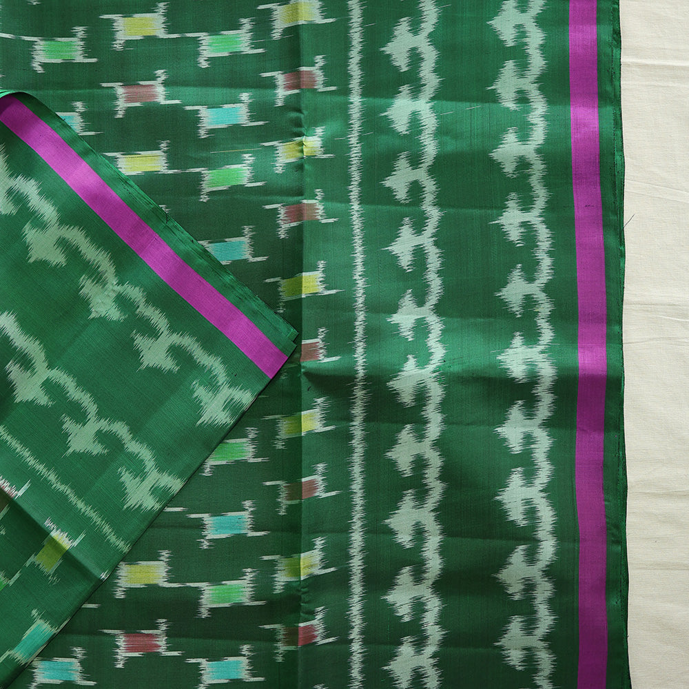 Pochampally Silk Saree with Temple Border & Checks - Green
