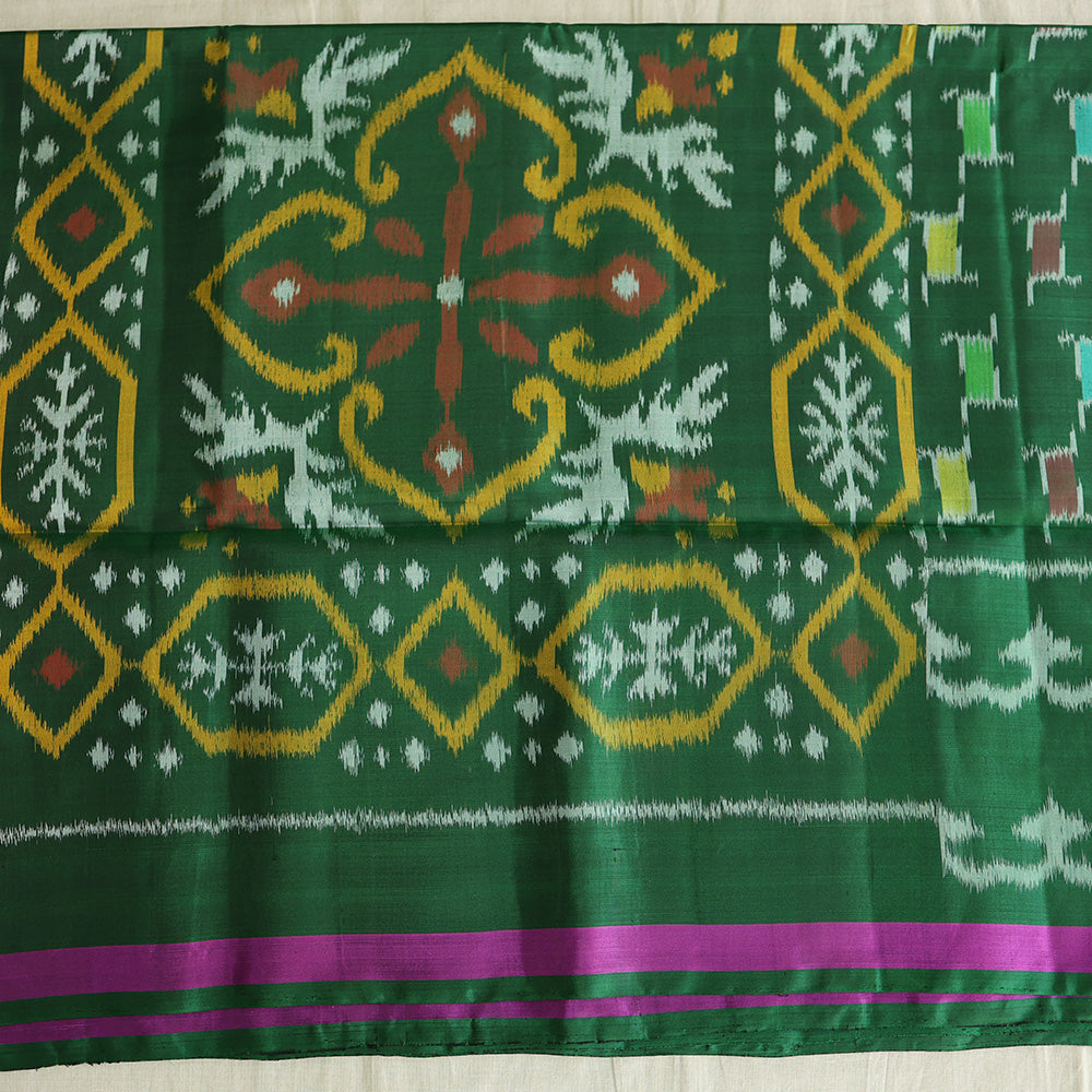 Pochampally Silk Saree with Temple Border & Checks - Green