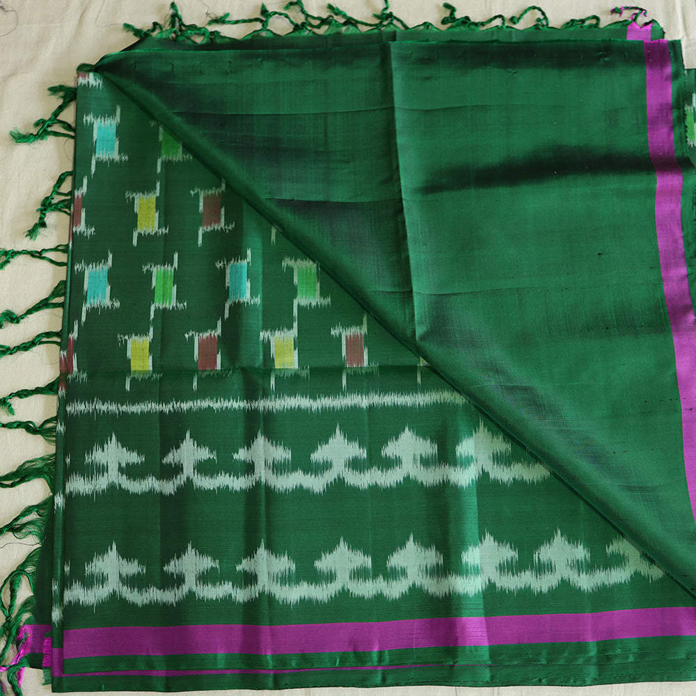 Pochampally Silk Saree with Temple Border & Checks - Green