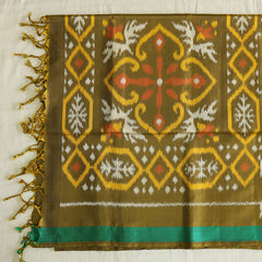 Pochampally Silk Saree with Temple Border & Checks - Green