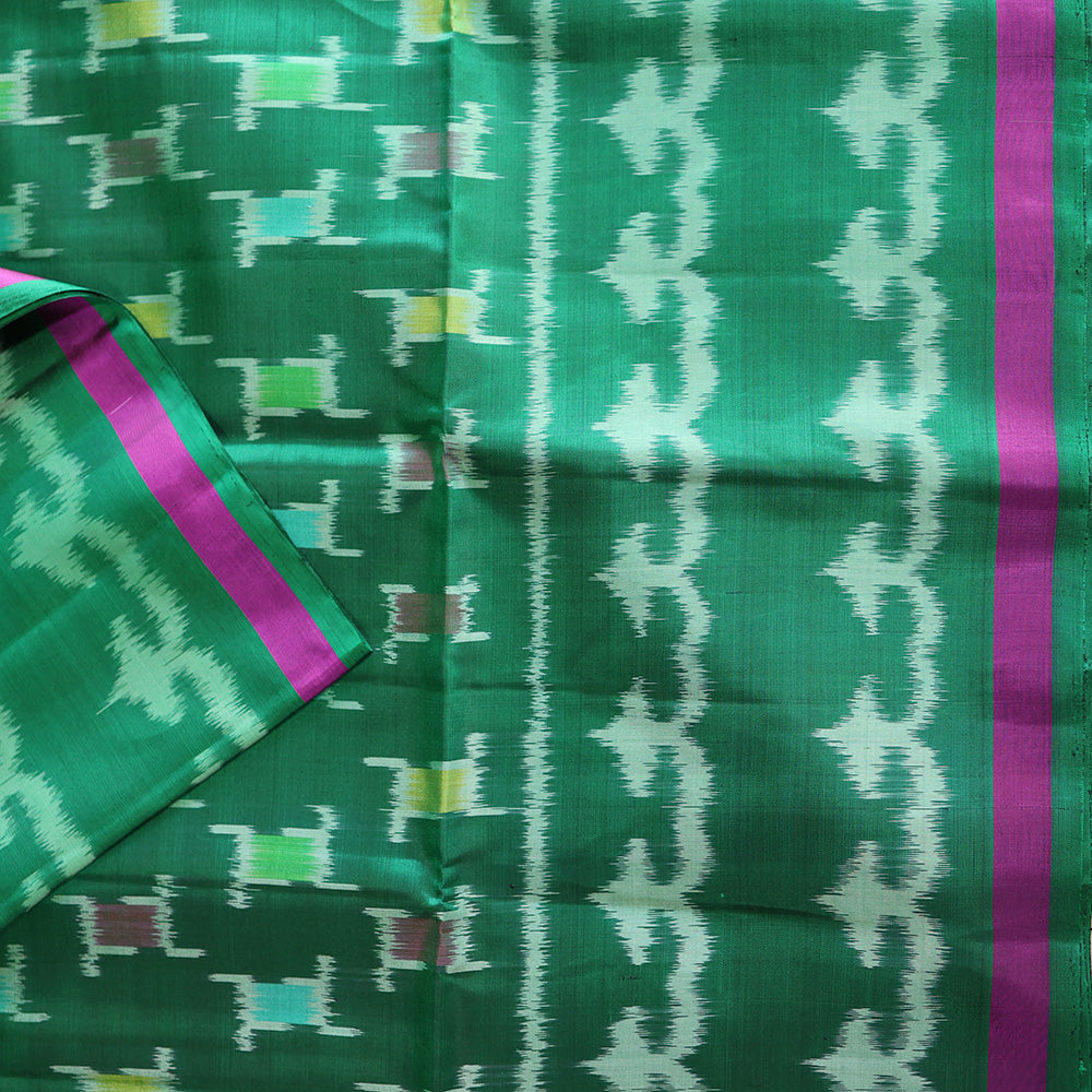 Pochampally Silk Saree with Temple Border & Checks - Green