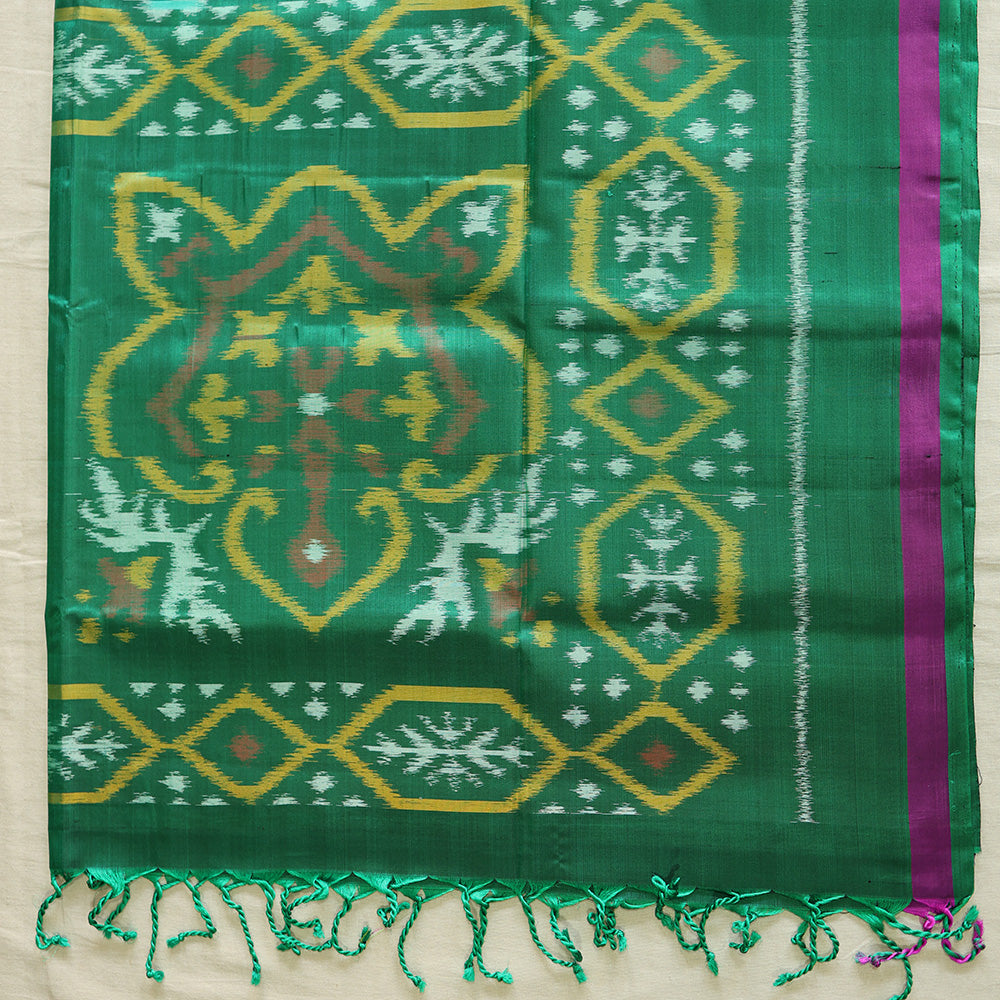 Pochampally Silk Saree with Temple Border & Checks - Green