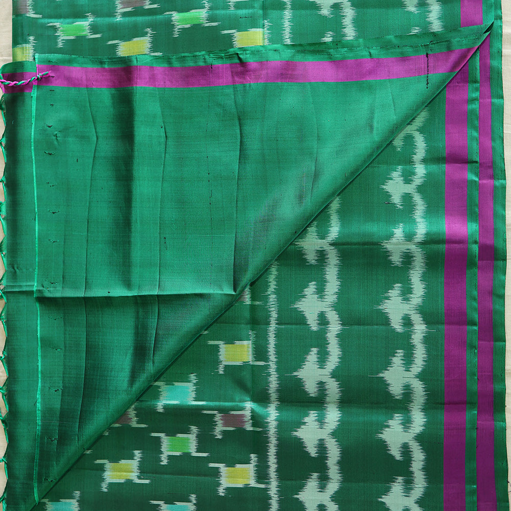 Pochampally Silk Saree with Temple Border & Checks - Green