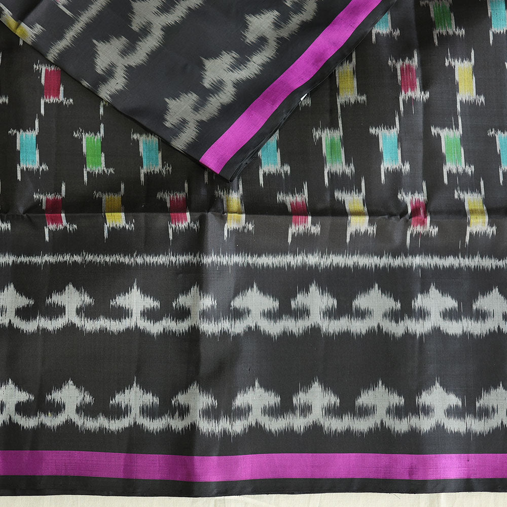 Pochampally Silk Saree with Temple Border & Checks - Black