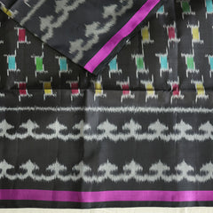 Pochampally Silk Saree with Temple Border & Checks - Black