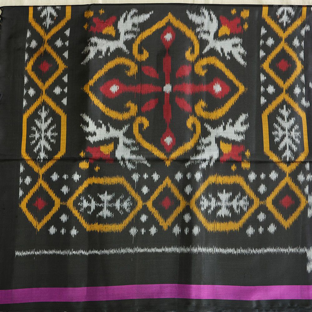 Pochampally Silk Saree with Temple Border & Checks - Black