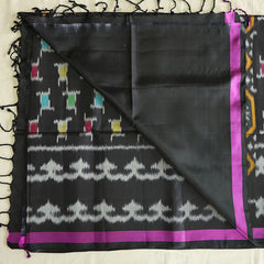 Pochampally Silk Saree with Temple Border & Checks - Black