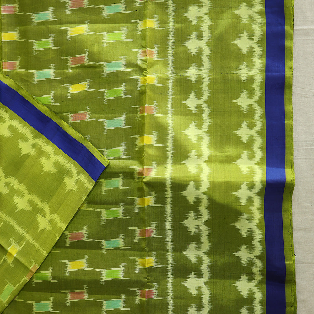 Pochampally Silk Saree with Temple Border & Checks - Green Blue