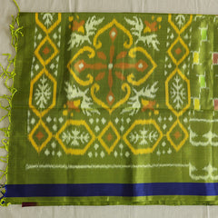 Pochampally Silk Saree with Temple Border & Checks - Green Blue