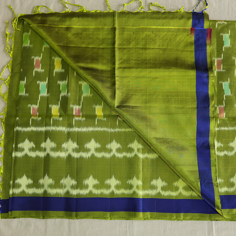 Pochampally Silk Saree with Temple Border & Checks - Green Blue