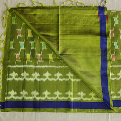 Pochampally Silk Saree with Temple Border & Checks - Green Blue