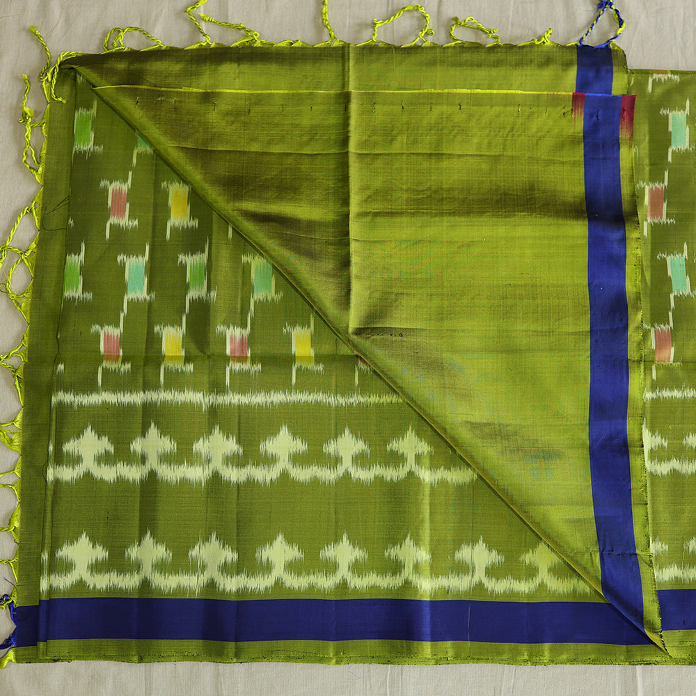 Pochampally Silk Saree with Temple Border & Checks - Green Blue