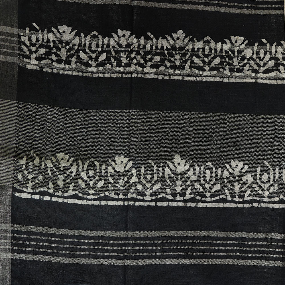 Batik Hand Block Print Cotton Saree - Black