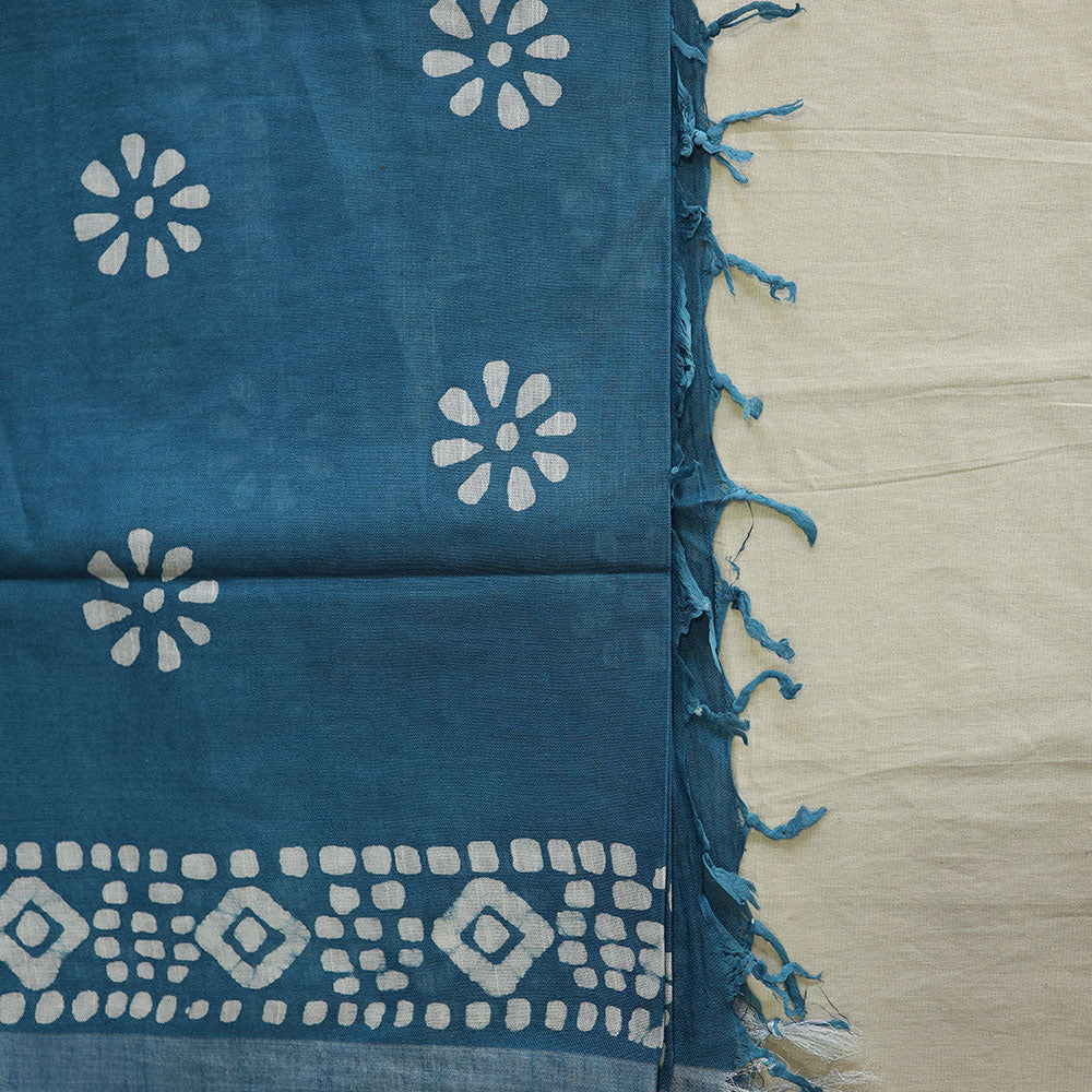 Batik Hand Block Print Cotton Saree - Blue