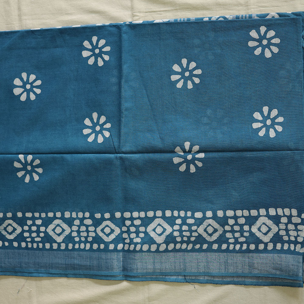 Batik Hand Block Print Cotton Saree - Blue