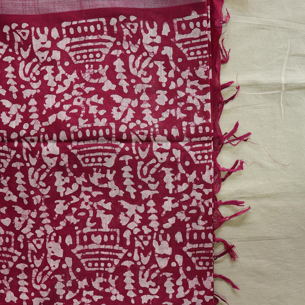 Batik Hand Block Print Cotton Saree - Maroon