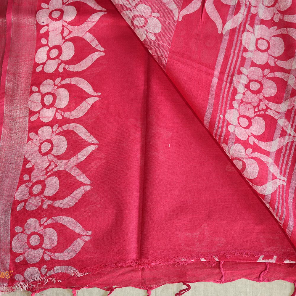 Batik Hand Block Print Cotton Saree - Pink