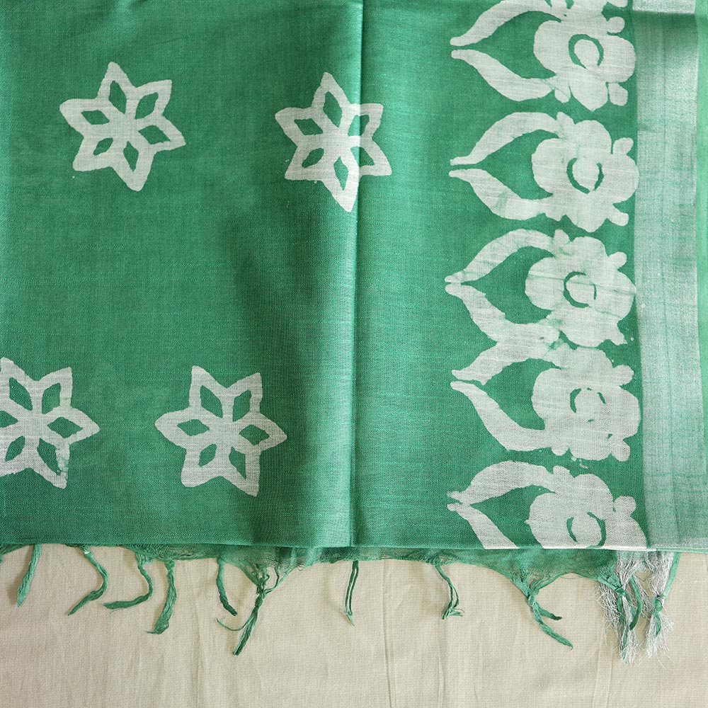 Batik Hand Block Print Cotton Saree - Green