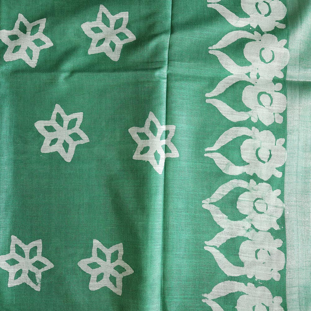 Batik Hand Block Print Cotton Saree - Green