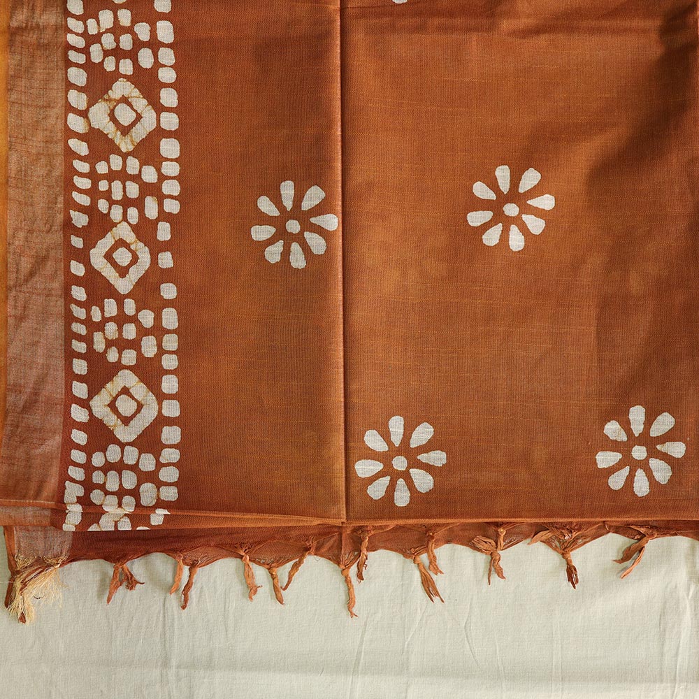 Batik Hand Block Print Cotton Saree - Brown