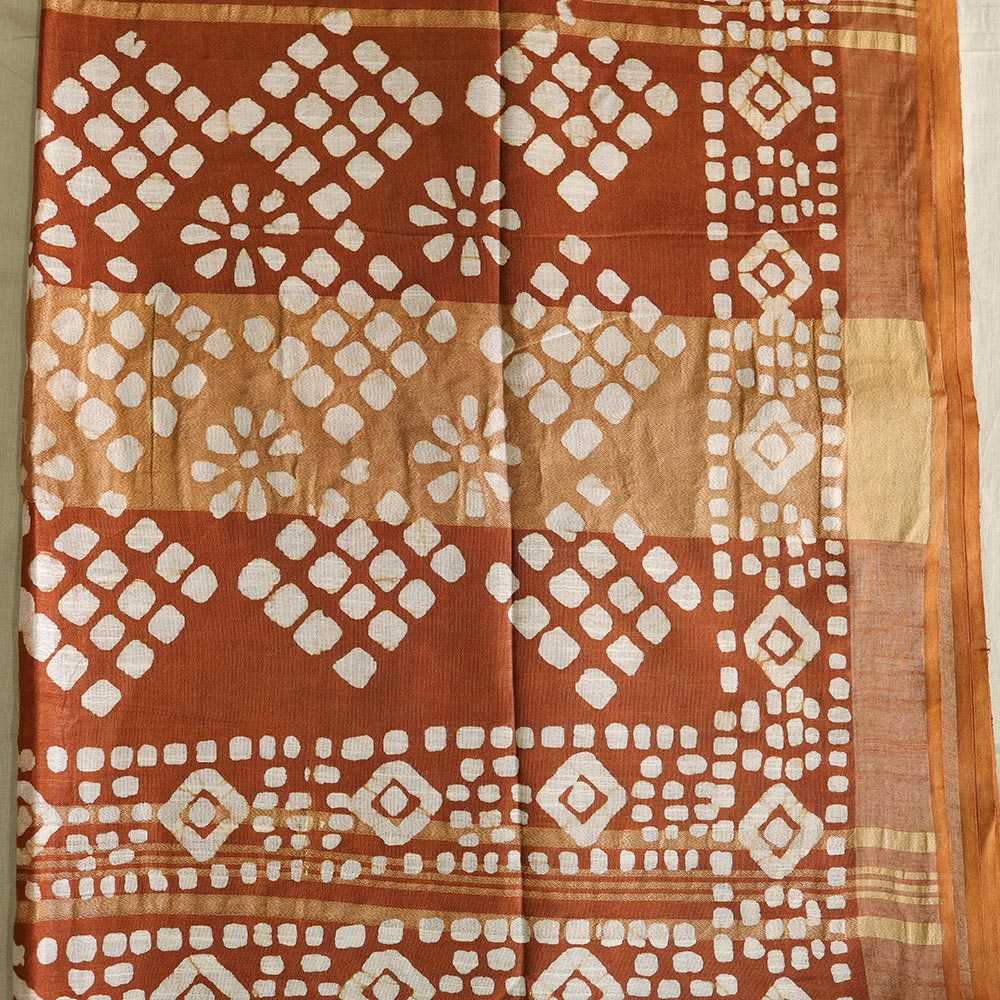 Batik Hand Block Print Cotton Saree - Brown