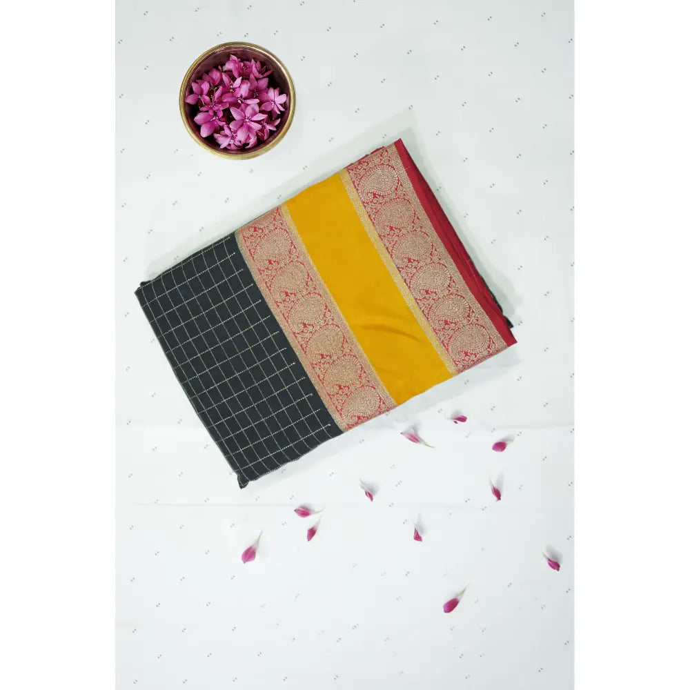 Black Checks with Yellow Border Semi Mysore Silk Saree