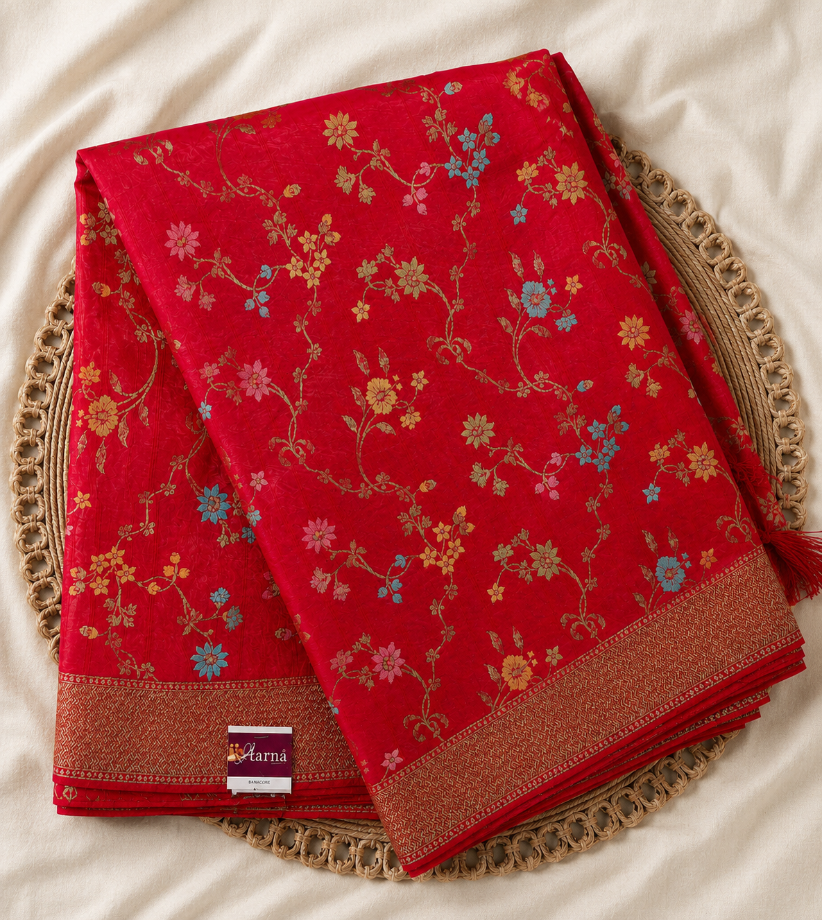 Crimson Red Semi Banarasi Georgette saree with gold Zari Floral Weaving
