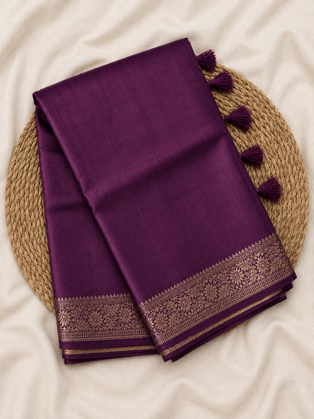 Deep purple Semi Banarasi saree with Rich Antique Gold Brocade Border