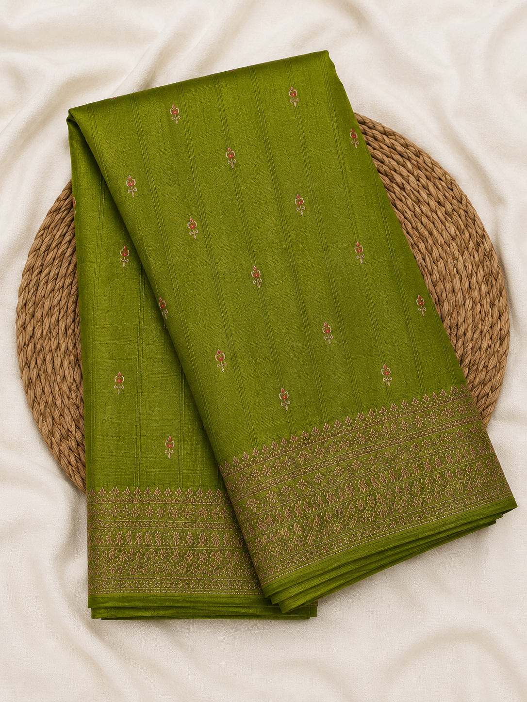 Leaf Green Semi Banarasi Saree with Antique Gold Zari Weaving