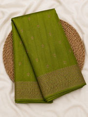 Leaf Green Semi Banarasi Saree with Antique Gold Zari Weaving