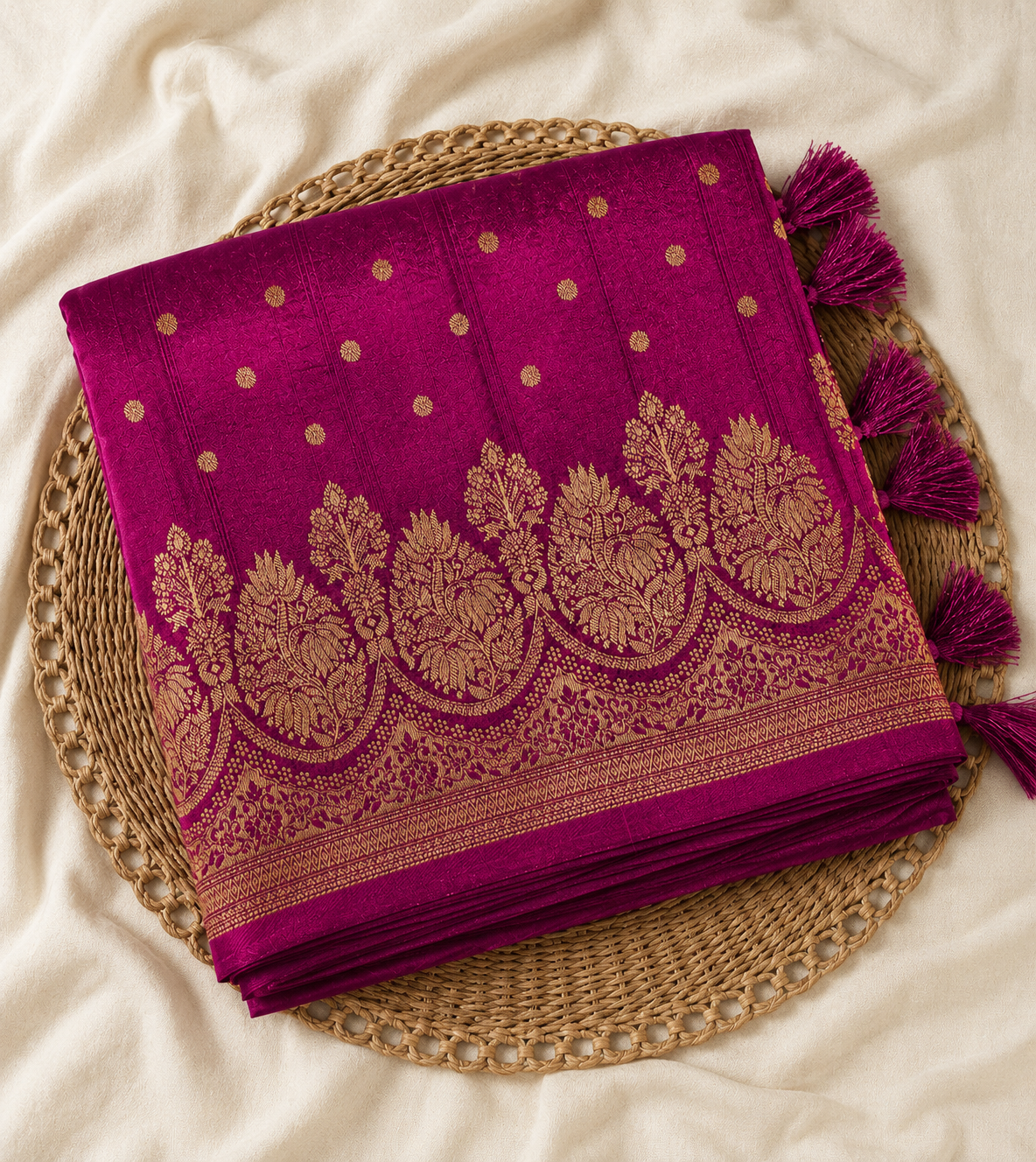 Magenate purple Semi Banarasi Saree With Antique Gold Floral Zari Weaving