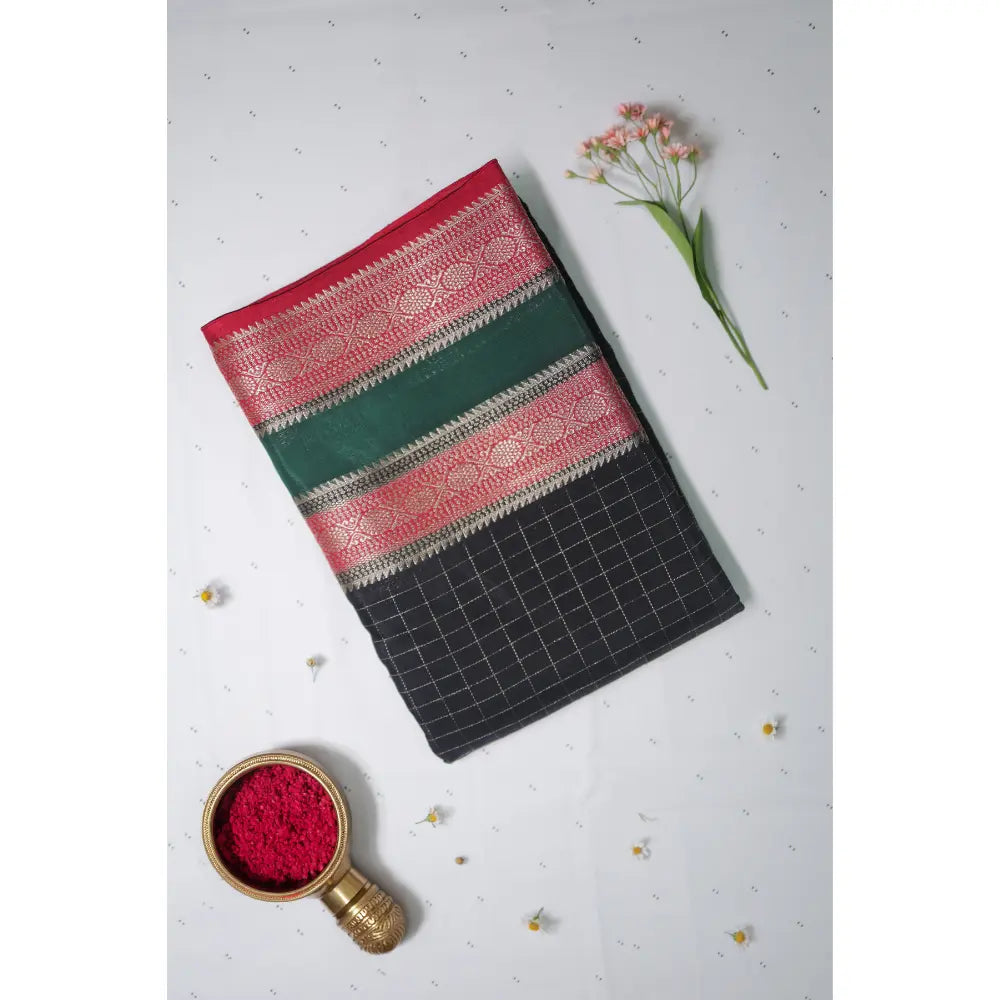 Black Checks Semi Mysore Silk Saree