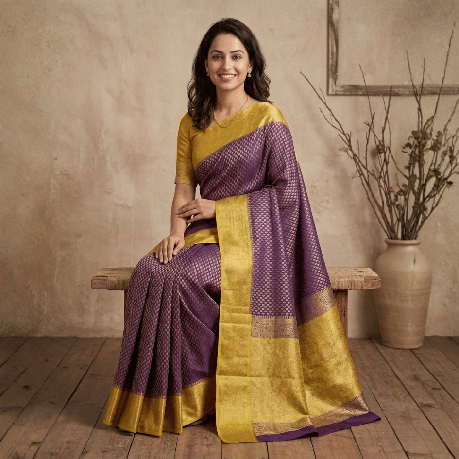 Semi Banarasi Saree with Contrast Border - Yellow